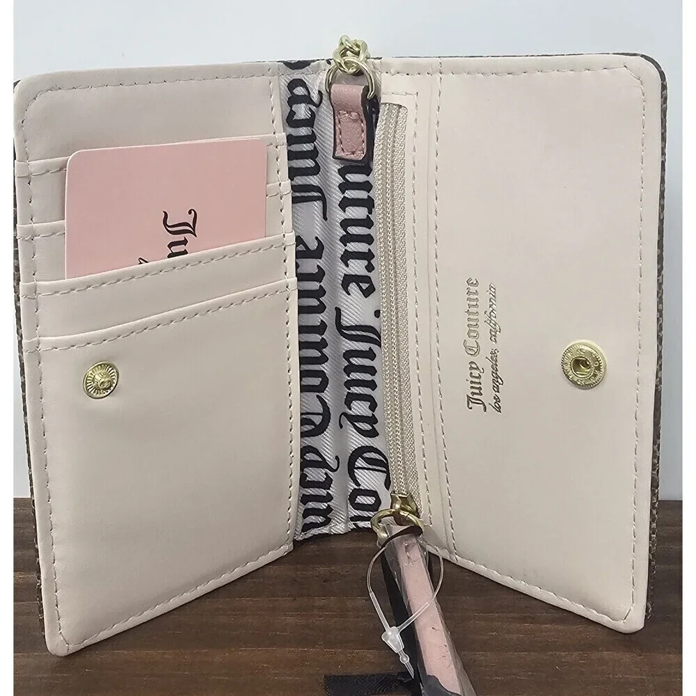 Juicy Couture Chestnut Chino & Pink Credit Card Bifold Wallet Key Ring NWT